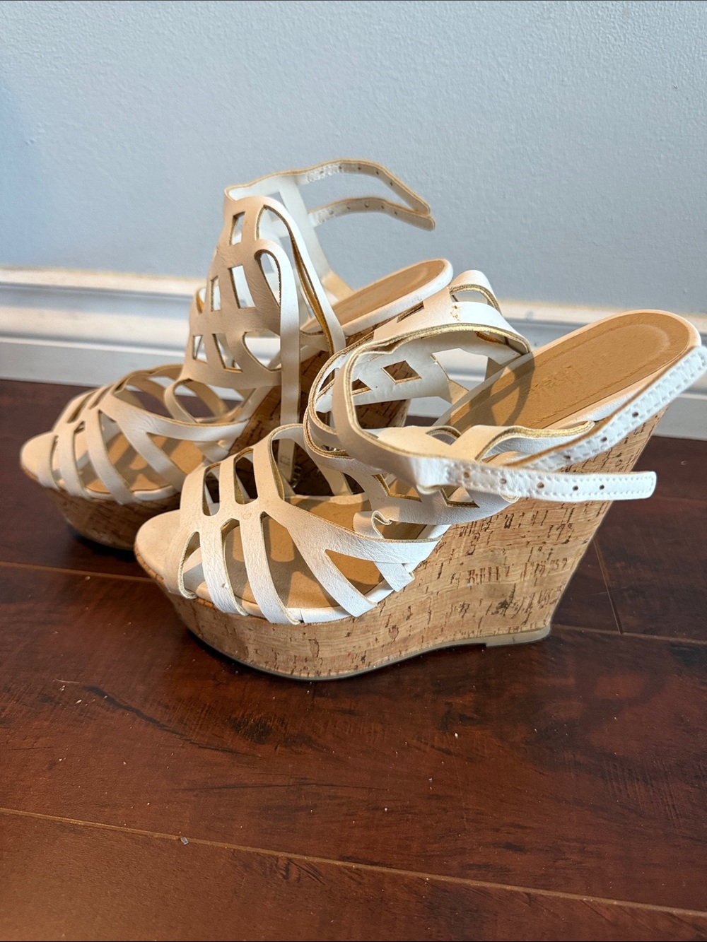 Charlotte Russe White Strappy Cork Wedge Sandals